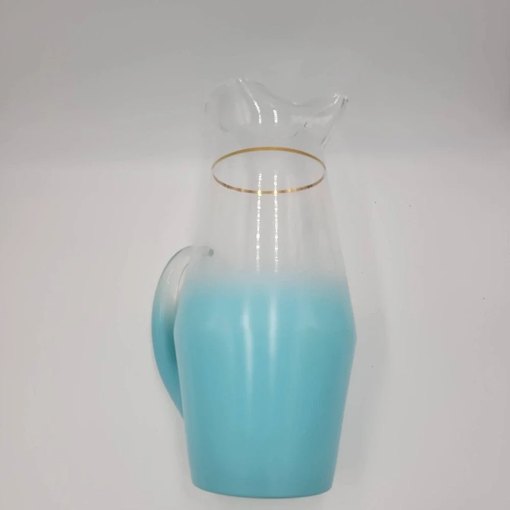 Vintage Blendo Turquoise Ombre Glass Pitcher Gold Rim Mid Century Modern Frosted